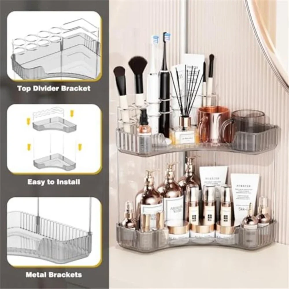 2 Tier Corner Bathroom Counter Organizer Makeup Skincare Brush Holder